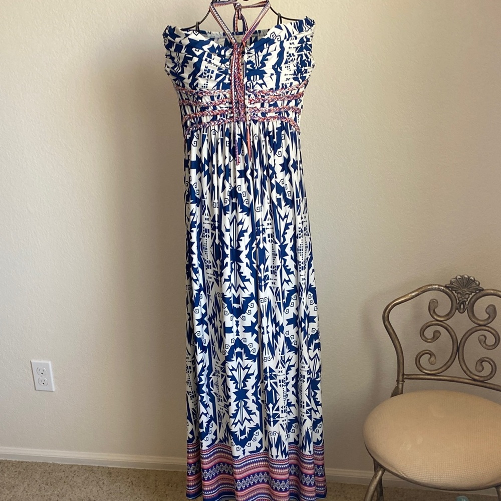 Saint Tropez West Blue and White Strapless Maxi Dress with Pink Accents